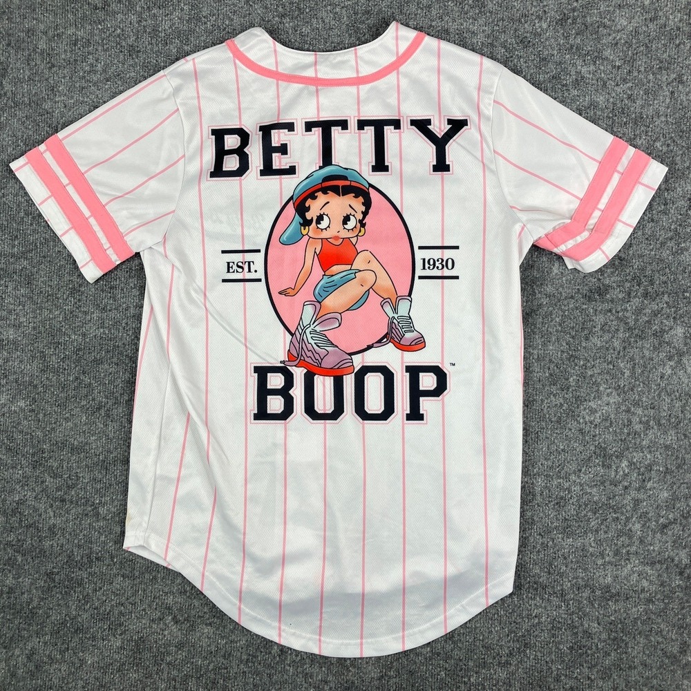 Betty Boop Jersey Womens Size S White Pink Striped Baseball Button Up Shirt